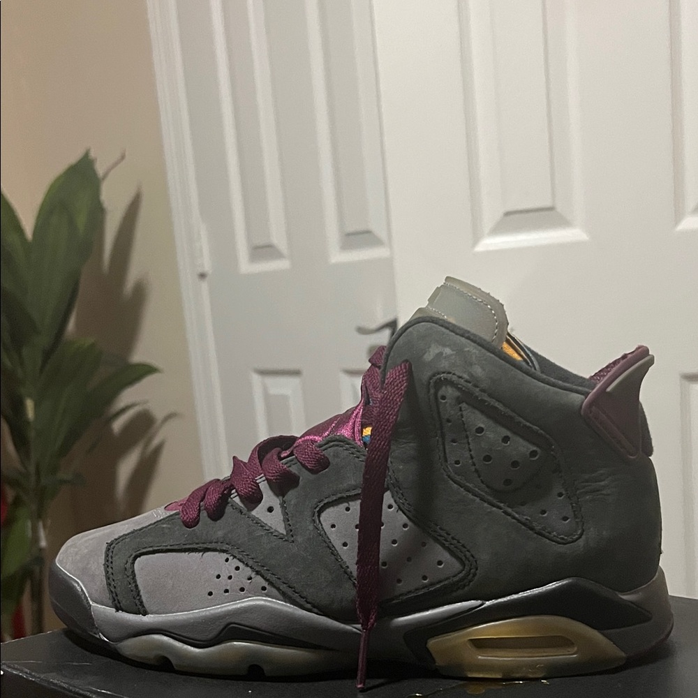 Jordan Gray and Burgundy High-Top Sneakers